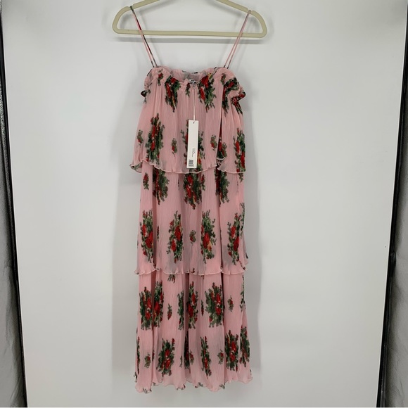 Ganni Pleated Georgette Strap Midi Dress in Cherry Blossoms Size 40 - Picture 3 of 10
